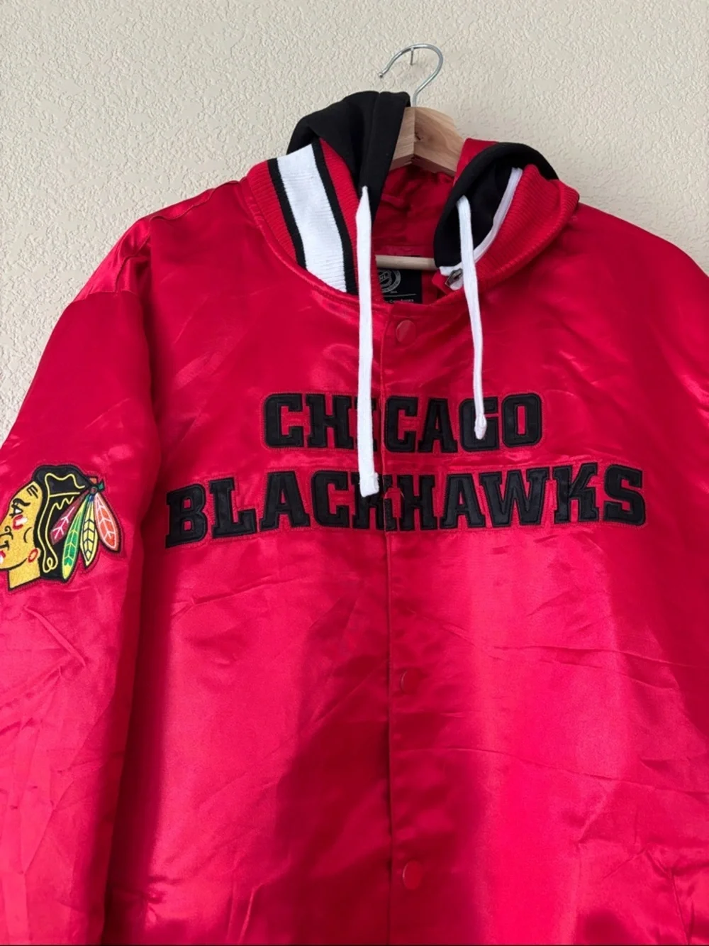 NHL Red and Black Satin Team Jacket with Bold Appliqué- NWT